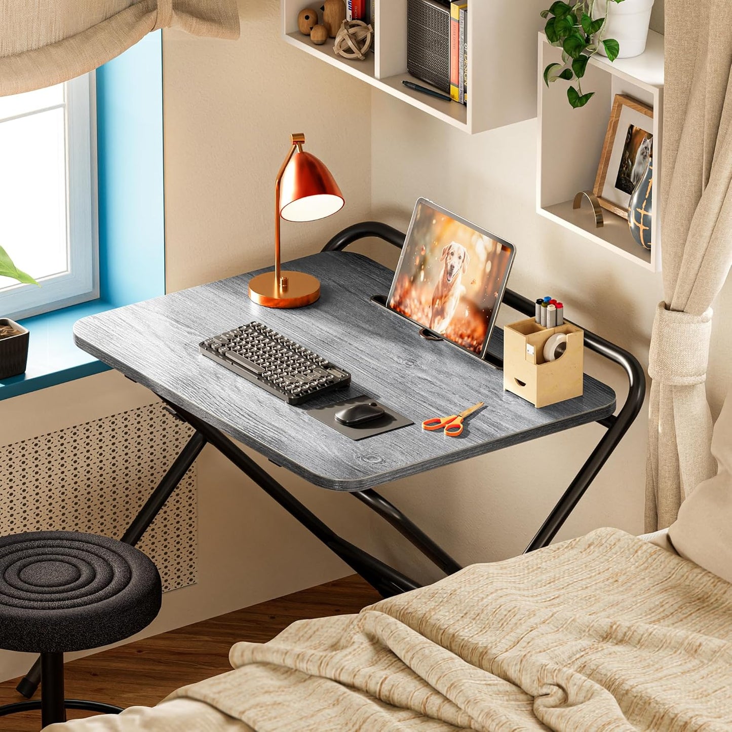 Huuger Folding Desk with 3-Level Adjustable Height and Tablet Slot, 24 Inch Foldable Computer Desk for Small Spaces, Space Saving, Writing Work Table for Home Office, Bedroom, Study, Grey