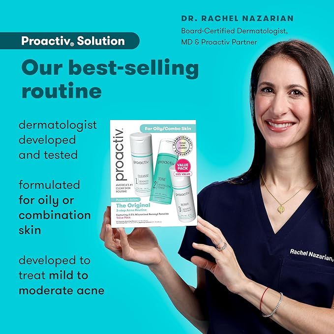 Proactiv 3 Step Acne Treatment System with Benzoyl Peroxide Face Wash, Exfoliating Toner, Repairing Spot Treatment, 60 Day Complete Skin Care Kit