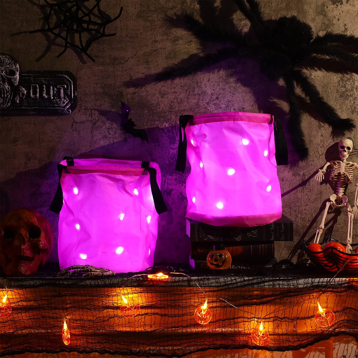 Shappy 2 Pcs LED Light Halloween Candy Bags Trick or Treat Light up Halloween Candy Bucket Multipurpose Reusable Goody Bucket for Holiday Party Supplies Favors(Pink)
