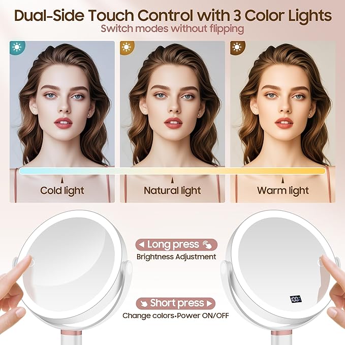 Makeup Magnifying Mirror with Light 30X/1X, Digital Display, 2-Sided Touch Control, Makeup Mirror with 3 Color Lights,360° Rotate, Height Adjustable Lighted Magnifying Mirrors for Desk Travel