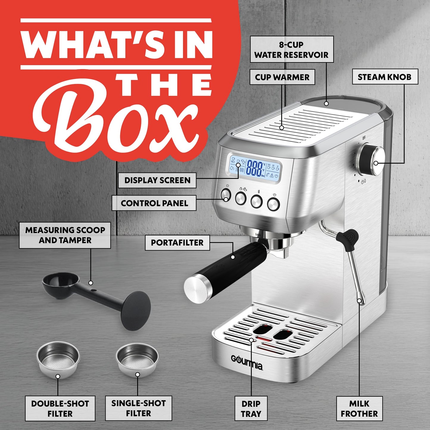 Gourmia Slim Espresso Machine – 20-Bar Pump, LCD Display, Milk Frother, Adjustable Temperature, Manual & Auto Brew for Single/Double Shots, 1350W, Stainless Steel
