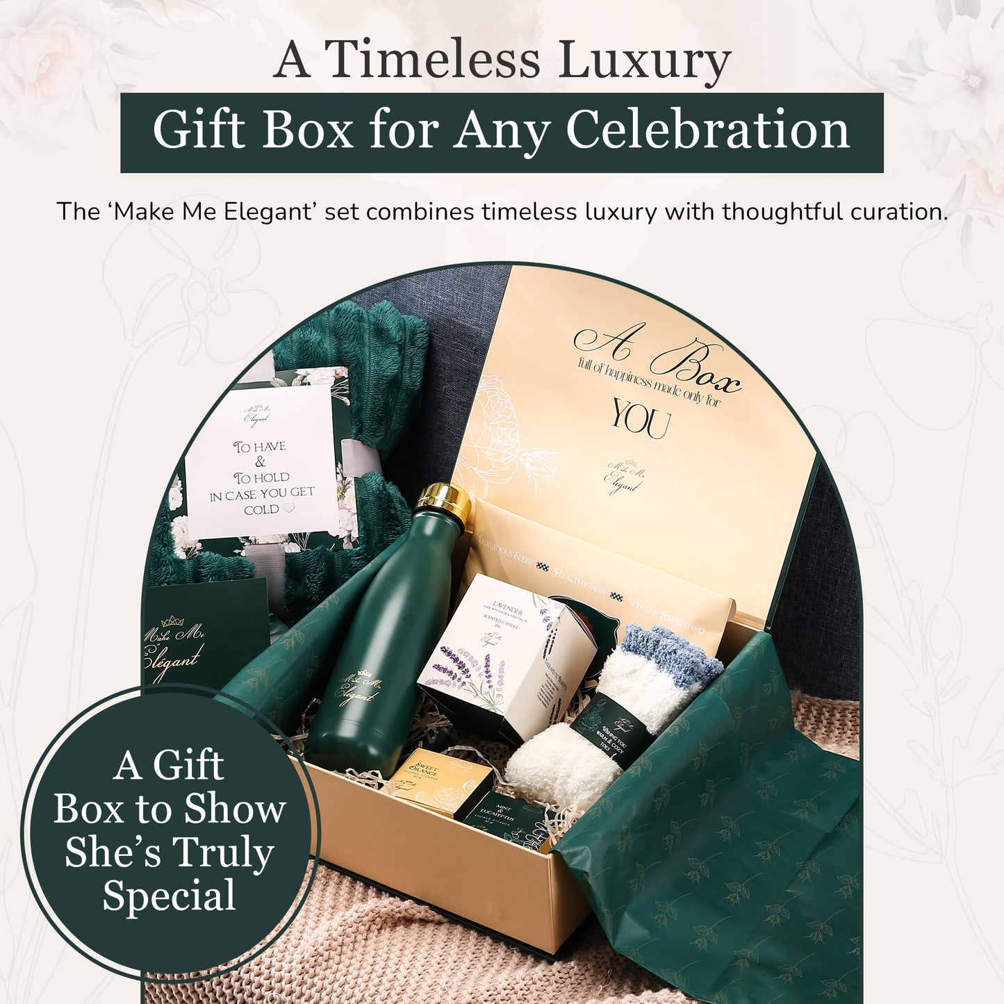MAKE ME ELEGANT Spa Gift Baskets for Women, Luxury Self Care Package Happy Birthday, Mothers Day Gifts Box, Unique Designs Satisfying Gift Cards for Womens, Express Elegance and Aristocratic Charm