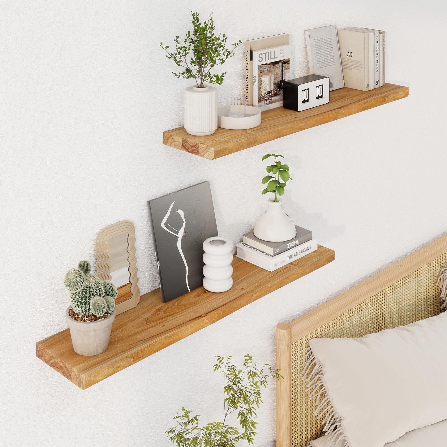Axeman 36 inch Floating Shelves for Wall - 8'' D Live Edge Rustic Solid Elm Wood Floating Shelves Wall Mounted, Wall Shelves with Invisible Bracket for Living Room Bedroom Kitchen, Set of 2 Natural