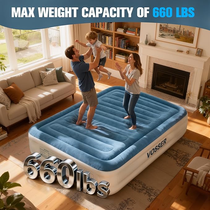 VOSSER Queen Air Mattress with Built-in Pump,Fast & Easy Inflation/Deflation Inflatable Mattress, Foldable Blow Up Mattress with Storage Bag, Inflatable Bed for Home, Camping & Guests