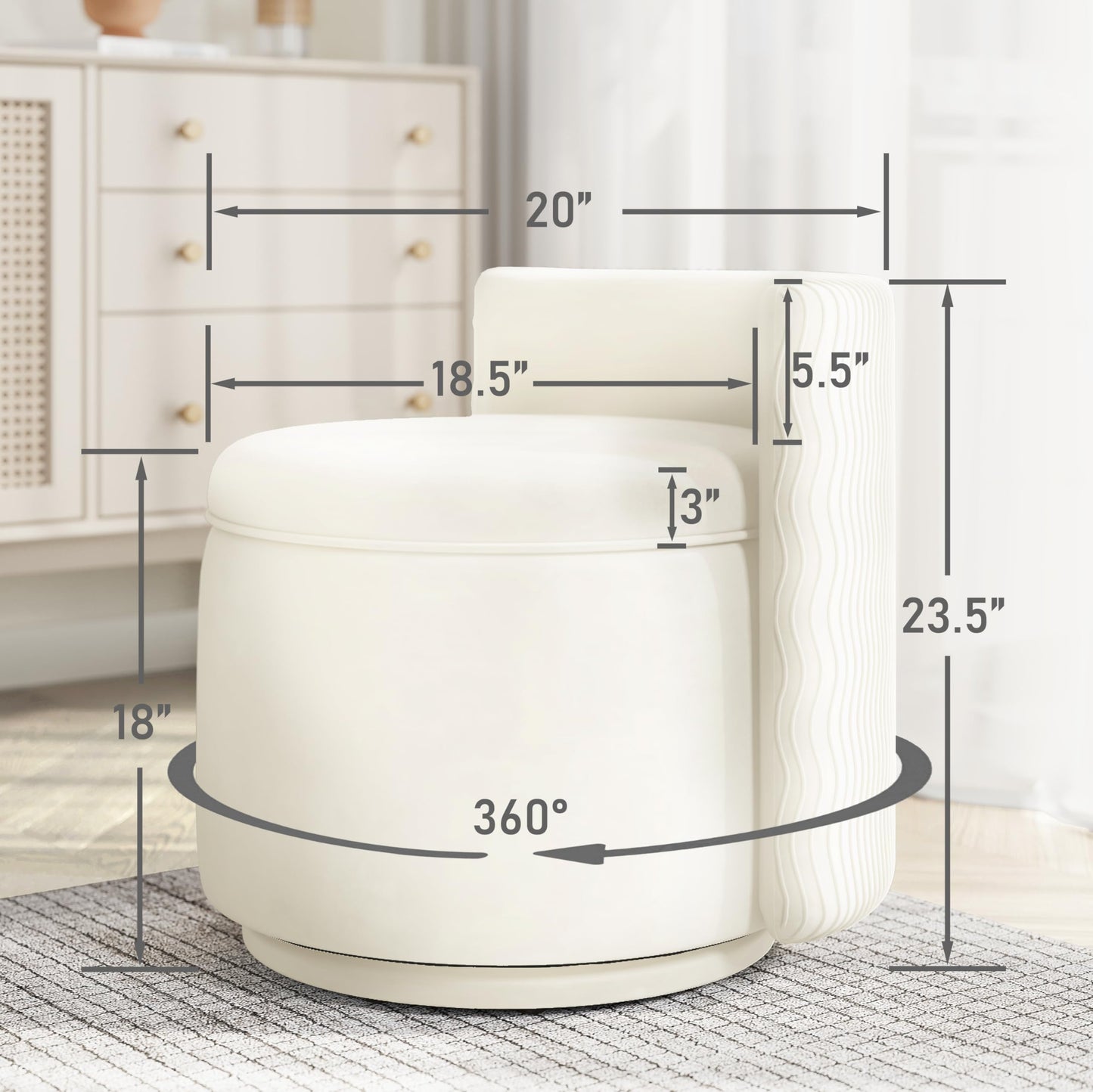 allamazing 360° Swivel Accent Chair with Storage, Vanity Stool with Back, Velvet Storage Ottoman, Upholstered Round Barrel Vanity Chair for Living Room, Makeup Room, Bedroom (Off White)