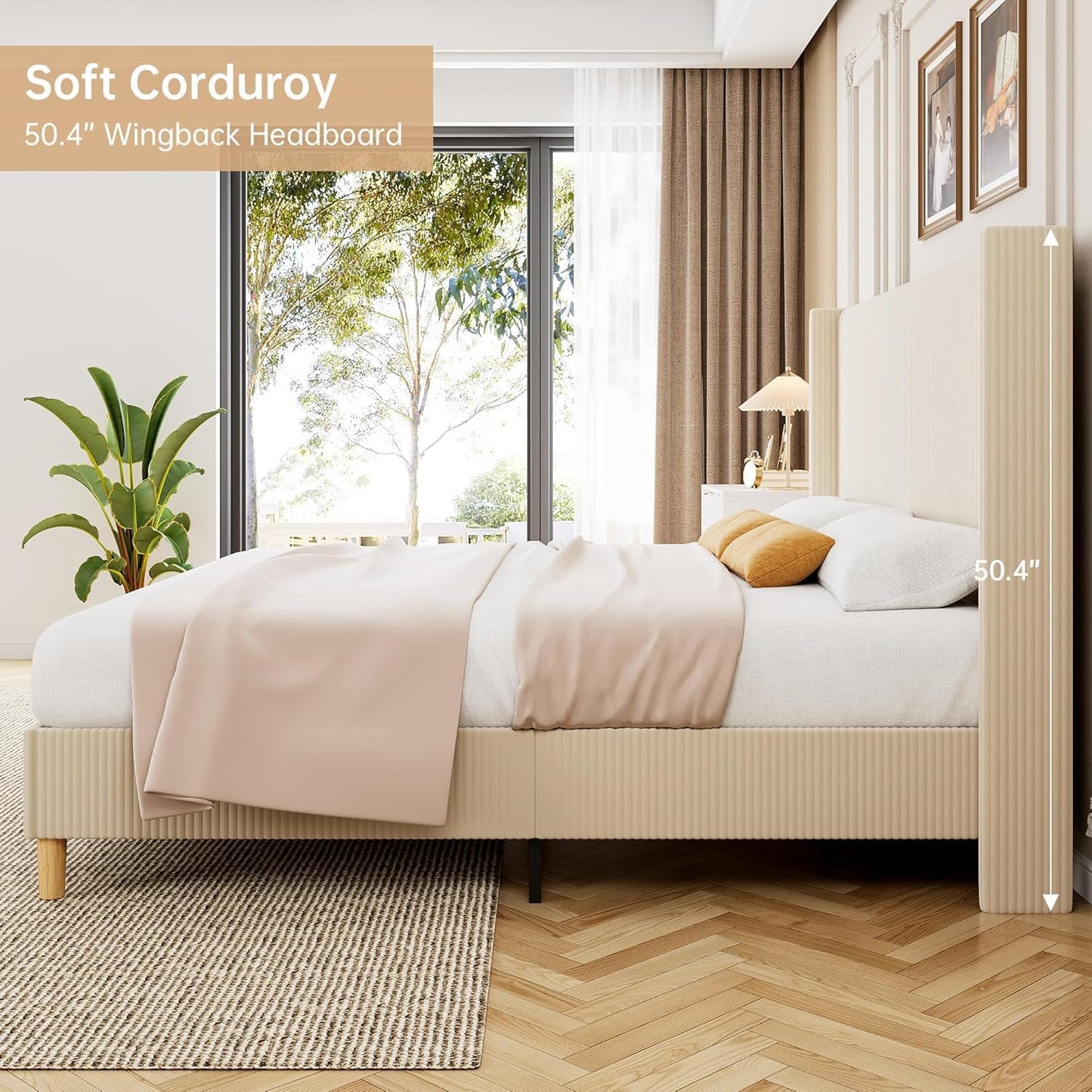 GarveeHome Queen Bed Frame, Upholstered Platform Velvet Bed Frame Queen Size with Vertical Channel Tufted Wingback Headboard, Strong Wooden Slats, No Box Spring Needed, Easy Assembly, Beige
