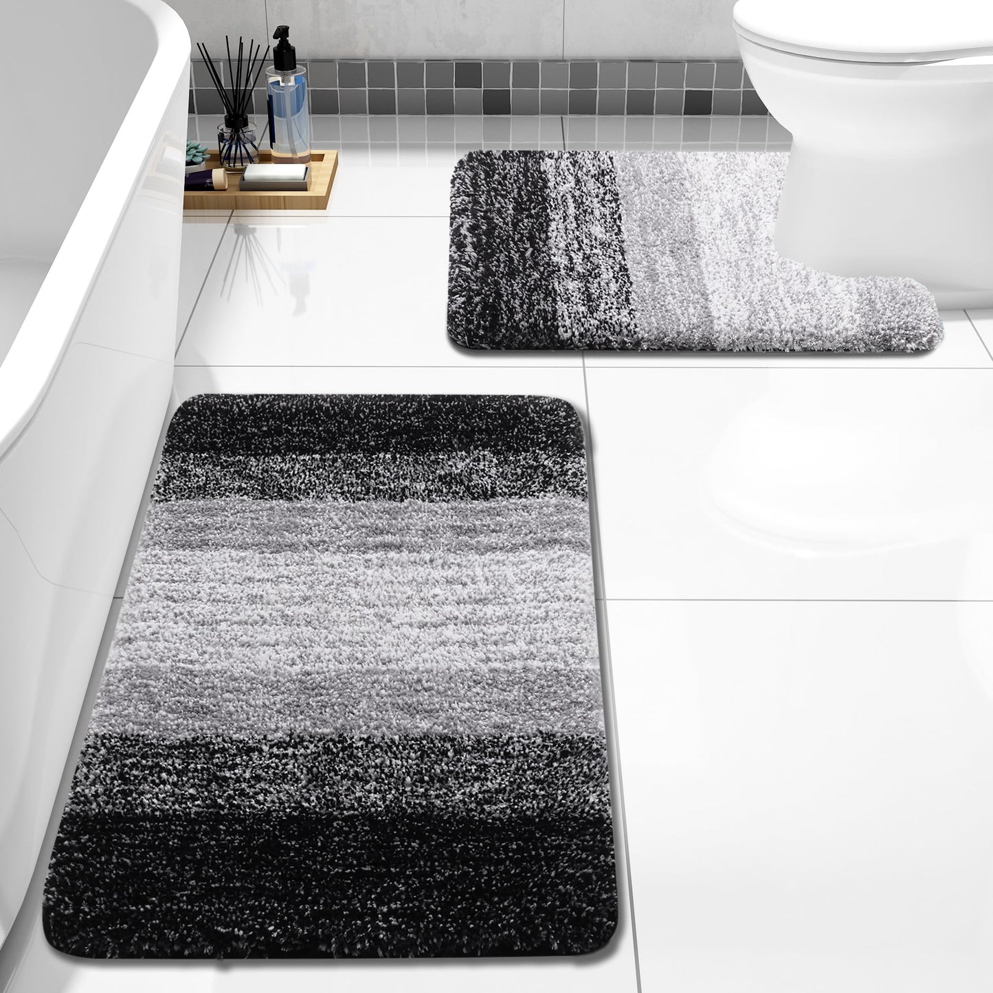 Arotive Bathroom Rugs Sets 2 Piece, Soft Absorbent Microfiber Bath Mats and U-Shaped Contour Toilet Rug, Non-Slip Machine Washable Dry Bath Mats for Bathroom, 24x16 and 24x20, Black