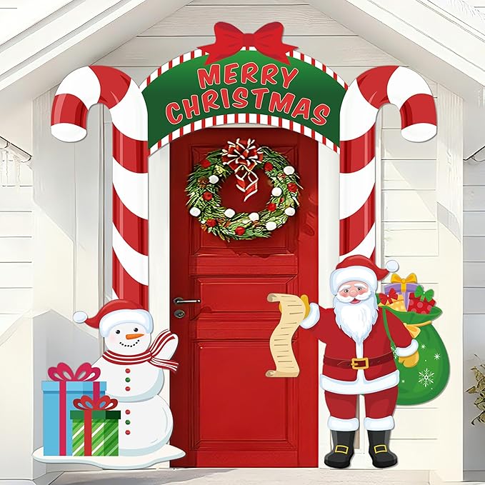 Christmas Door Banner Snowman and Santa Claus Party Porch Banners Merry Hanging Backdrop Candy Cane Photo Booth Props for ...