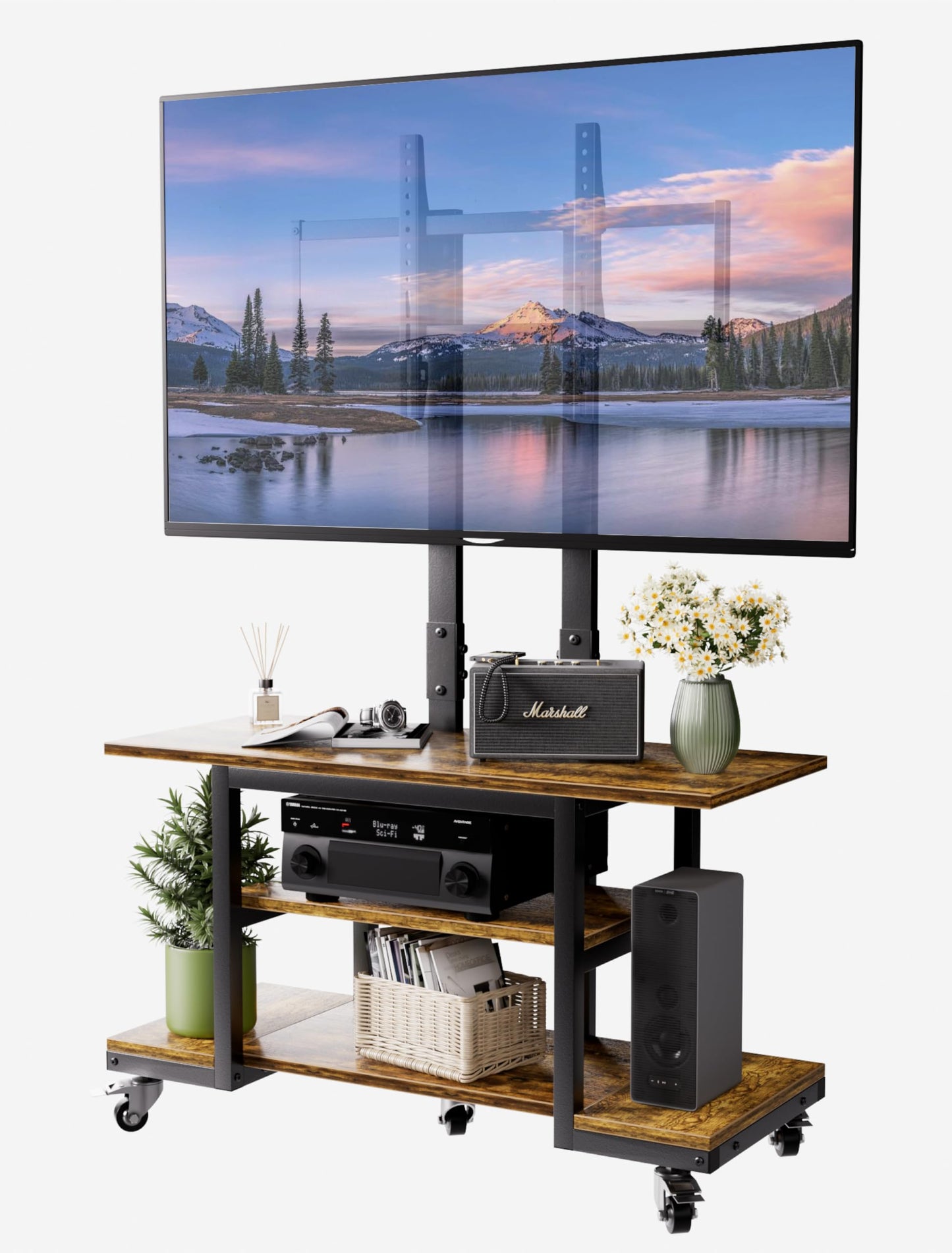 EZISE Heavy Duty Mobile TV Cart with 3-Tier Shelves, Height Adjustable Rolling TV Stand for 32-75 inch TVs up to 150 lbs, Portable TV Stand with Wheels for Home & Office, Max VESA 600×400mm(Retro)