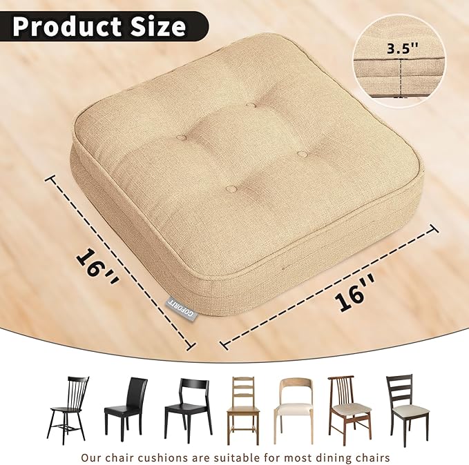 GOFORIT Memory Foam Cushion，Square Seat Cushions for Dining Chairs,Non-Slip Chair Pads with Removable Cover, 16'' x 16'', 2 Pack,Khaki