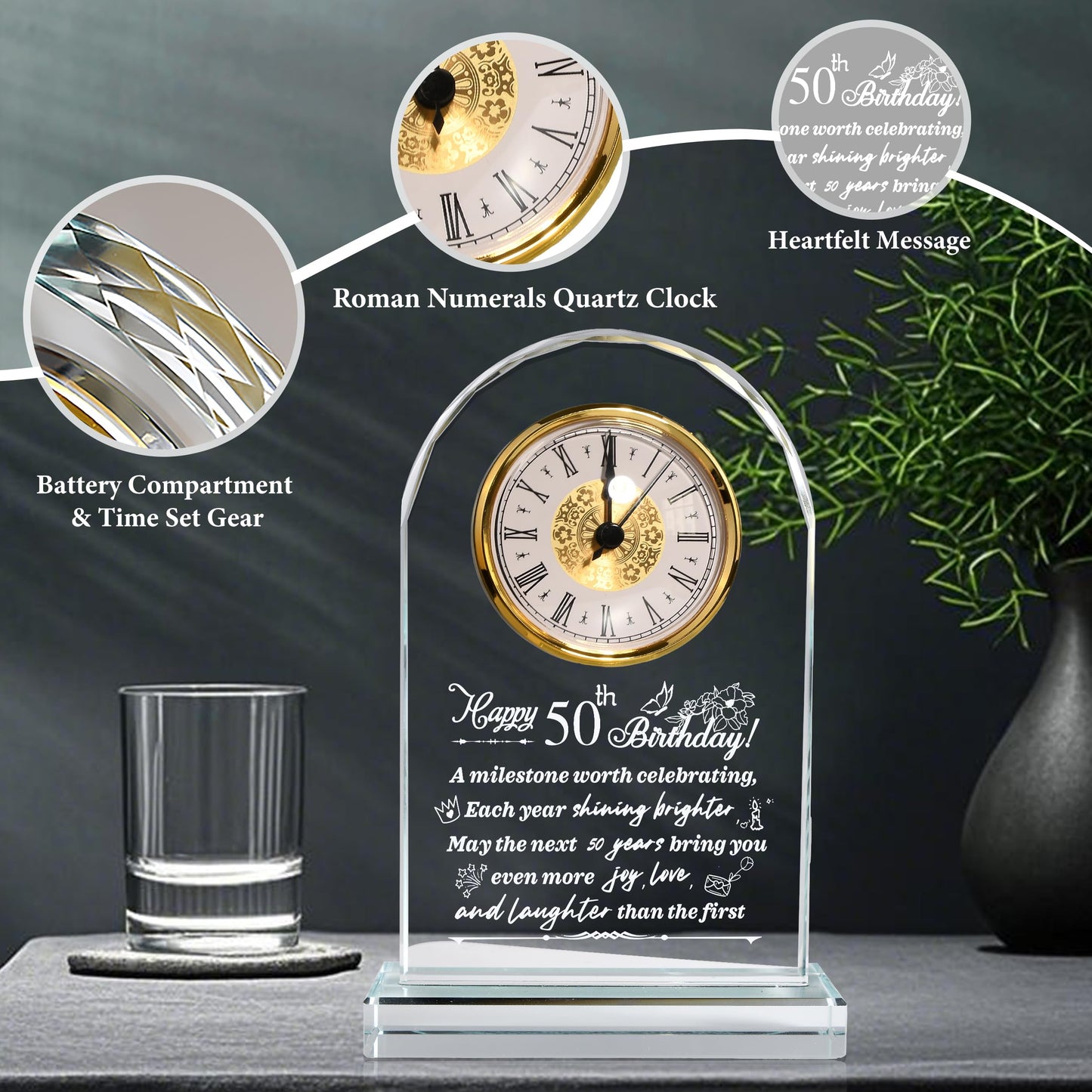 QIANCHANG 50th Birthday Gift for Men and Women, Crystal Roman Numerals Decorated Quartz Clock, for 50 Year Old Women, 50th Birthday Gift for Men