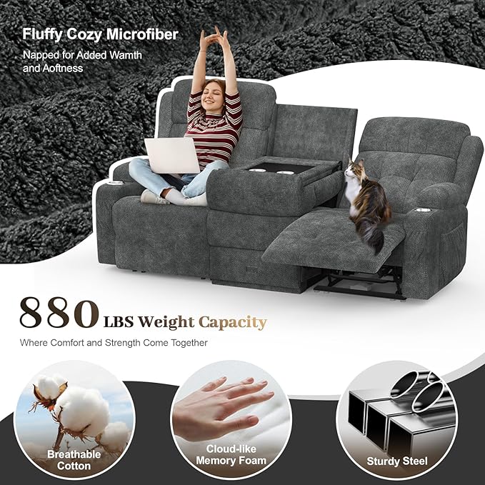 Recliner Sofa, Massage Reclining Sofa 3 Seater Sets Fabric Reclining Couch, RV Loveseat Couch Clearance with Flip Back Console, Storage, Cup Holders, Wall Hugger Reclining Couch for Living Room