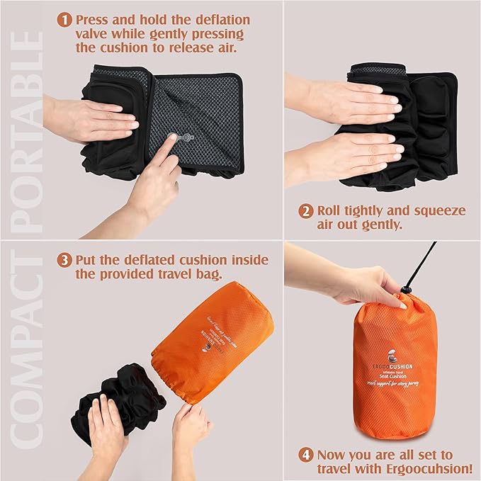 ERGOOCUSHION Inflatable Seat Cushion for Airplane & Travel – Portable Inflatable Pad with Built-in Pump, Adjustable Firmness, Tailbone & Back Pain Support, Carry Bag Included