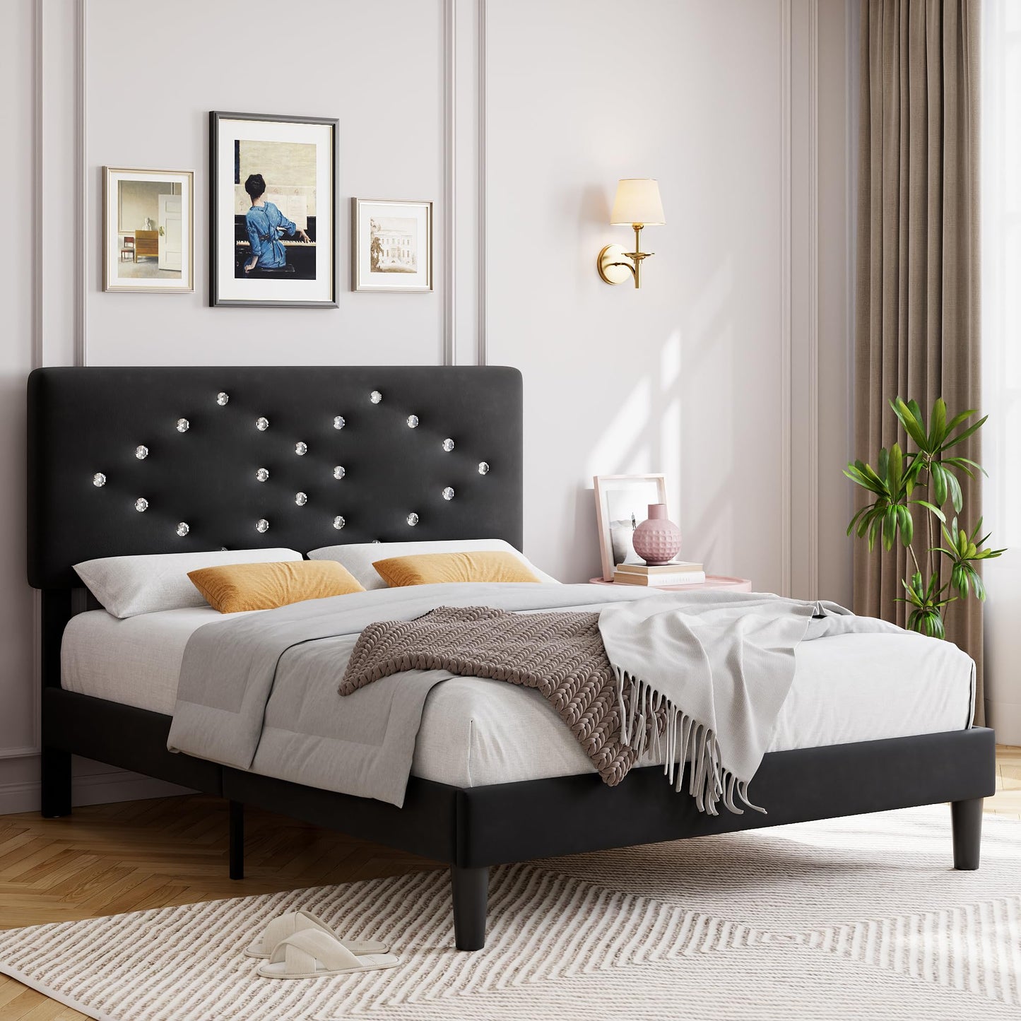 IDEALHOUSE Twin Bed Frame, Upholstered Platform Bed with Button Tufted Headboard & Under-Bed Storage Space, Sturdy Wooden Slats Support, No Box Spring Needed, Noise Free & Easy Assembly