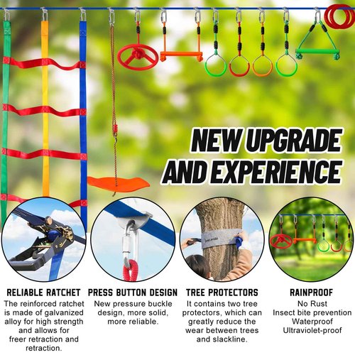 Ninja Warrior Obstacle Course for Kids Outside-Ninja Slackline 52ft with 11 Durable Obstacles-Climbing Net,Wheel, Warrior Gymnastics & Monkey Bars,Slack Lines for Backyard for Kids.
