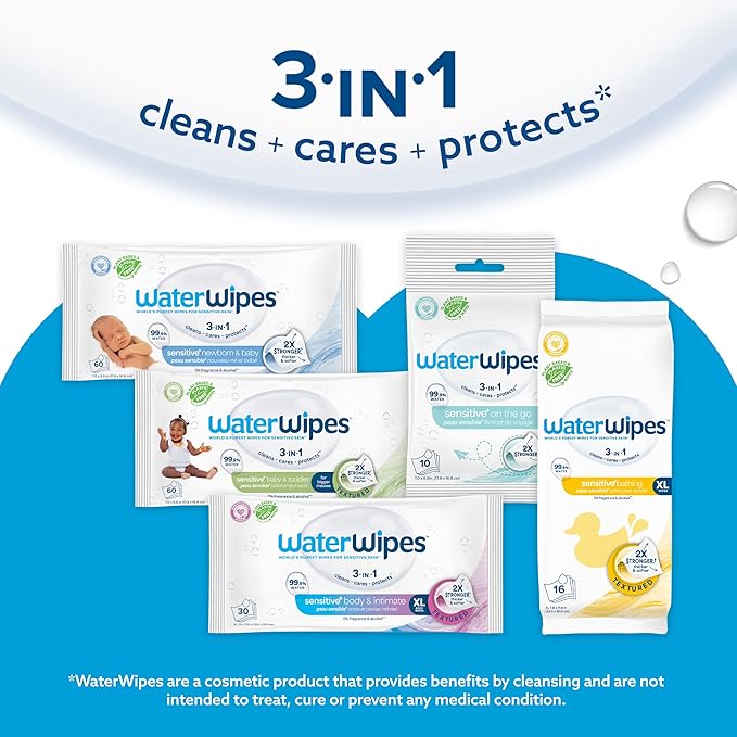 WaterWipes Bundle, Original 300 Count (5 packs) & XL Bathing Wipes 16 Count (1 pack), Plastic-Free, 99.9% Water Based Wipes, Unscented, Hypoallergenic for Sensitive Skin, Packaging May Vary