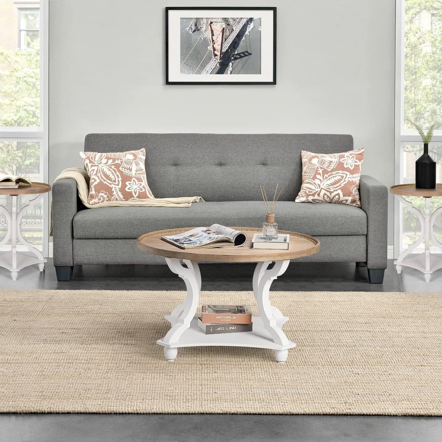 Wnutrees Farmhouse Round Coffee Table, Wood Tray Top Circle Coffee Table with Storage Shelf Rustic Style for Living Room and Vintage Finish, White