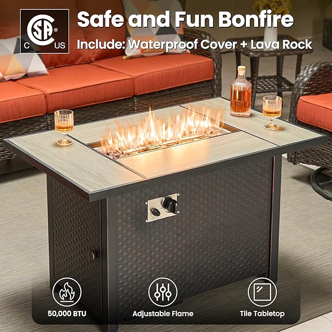 ovios 7 Pieces Patio Furniture Set, Outdoor Wicker Sofa Couch with Swivel Chairs 42" Fire Pit Table, High Back Modern All Weather Conversation Sets, Brown Rattan, Orange Red