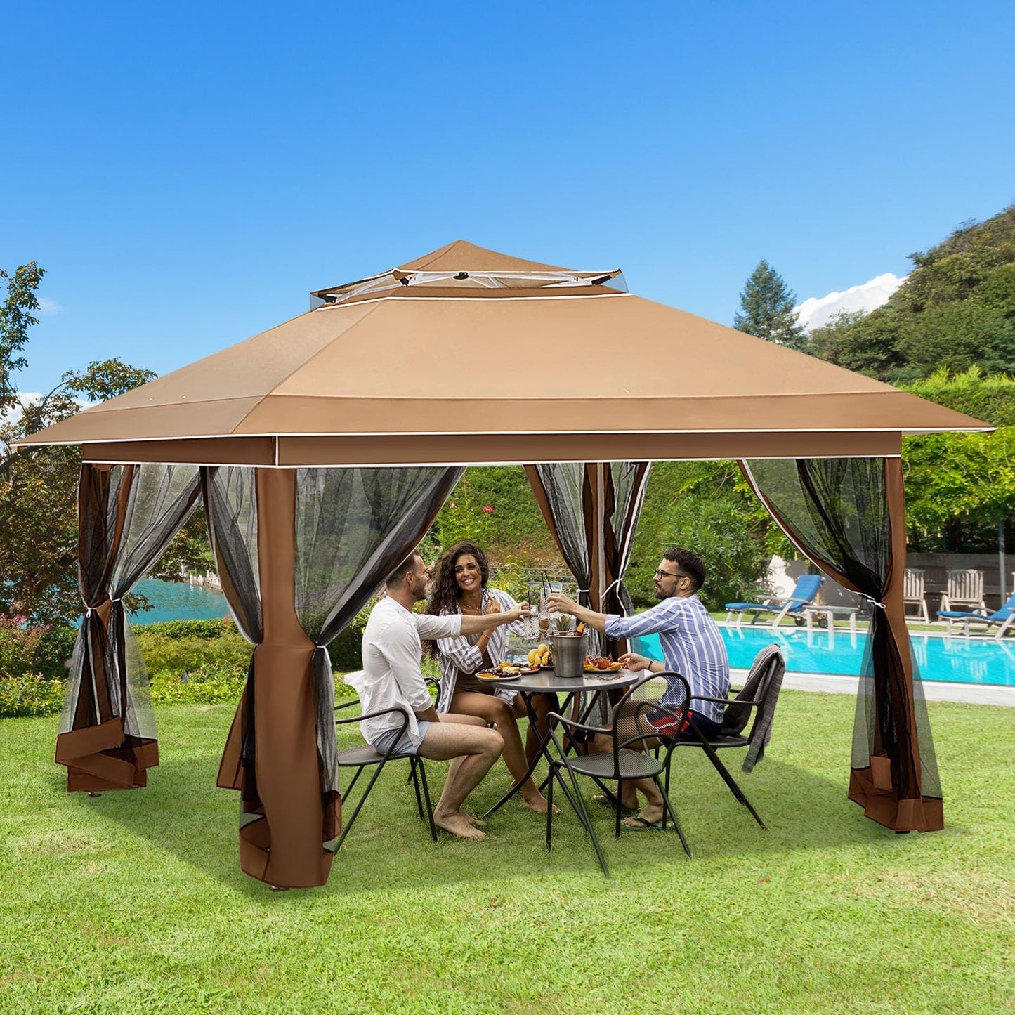 ECOTOUGE 12FT Pop Up Tent Canopy, Waterproof Canopy with Net and UV Resistant, Sidewalls Instant Shelter Gazebo with Carrying Roller Bag for Garden, Grill and Backyard (Brown)