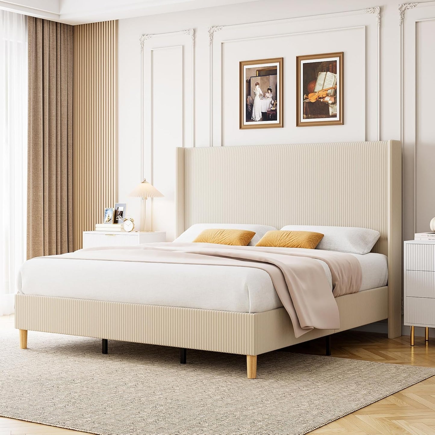 GarveeHome Full Size Bed Frame, Upholstered Platform Corduroy Bed Frame with Vertical Channel Tufted Wingback Headboard, Strong Wooden Slats, No Box Spring Needed, Easy Assembly, Creamy Beige