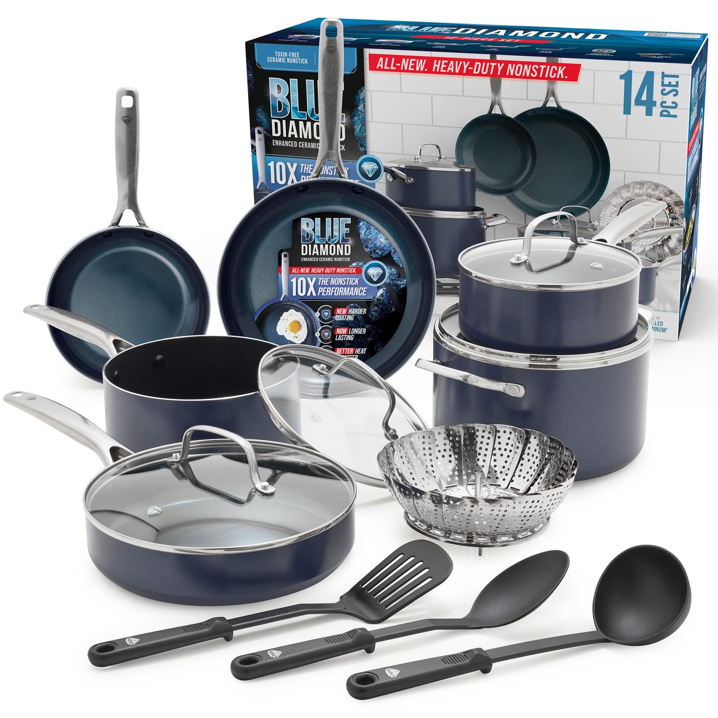 Blue Diamond 14 Piece Cookware Set, Diamond Infused PFAS & PFOA-Free Ceramic Nonstick Pots and Pans, Durable, Non Toxic, Metal Utensil Safe & Scratch Resistant, Dishwasher & Oven Safe, Blue