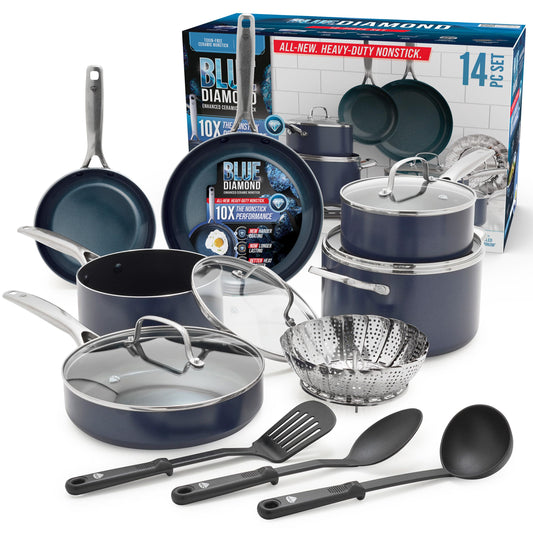 Blue Diamond 14 Piece Cookware Set, Diamond Infused PFAS & PFOA-Free Ceramic Nonstick Pots and Pans, Durable, Non Toxic, Metal Utensil Safe & Scratch Resistant, Dishwasher & Oven Safe, Blue