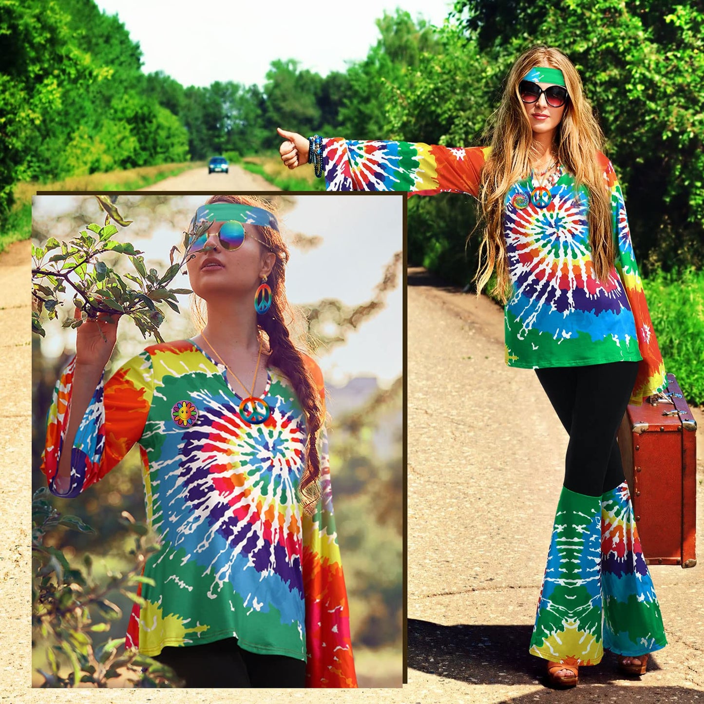 Jiuguva 17pcs 60s 70s Outfits for Women Hippie Costume Set Disco Outfit (Rainbow,X-Large)