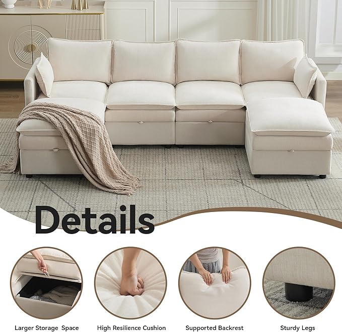 105" Cloud 4 Seater Sectional Modular Couch with 2 Storage Ottoman, Upholstered Storage Sofa Modern Couch Deep Seat, Chenille U Shape Sofa Comfy Couches with Armrests for Living Room, Beige