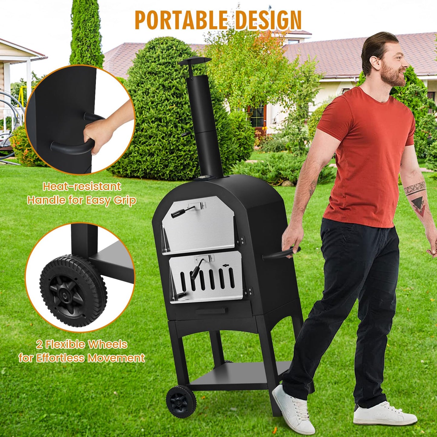 Happygrill Outdoor Pizza Oven Wood Fired, Portable Pizza Maker Grill w/Stone, Peel, Cooking Grids, Built-in Thermometer, Waterproof Cover, Wheels for Barbecue Backyard Camping