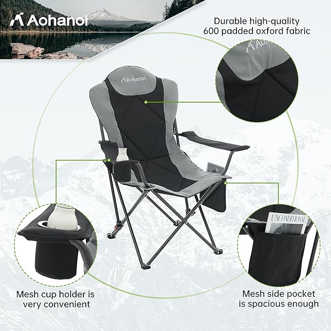 Aohanoi Camping Chairs, Portable 2 Pack Camp Chairs for Heavy People with Adjustable Angled Backrest, Outdoor Folding Camping Chairs for Outside Supports up to 350lbs, Carry Bag Included
