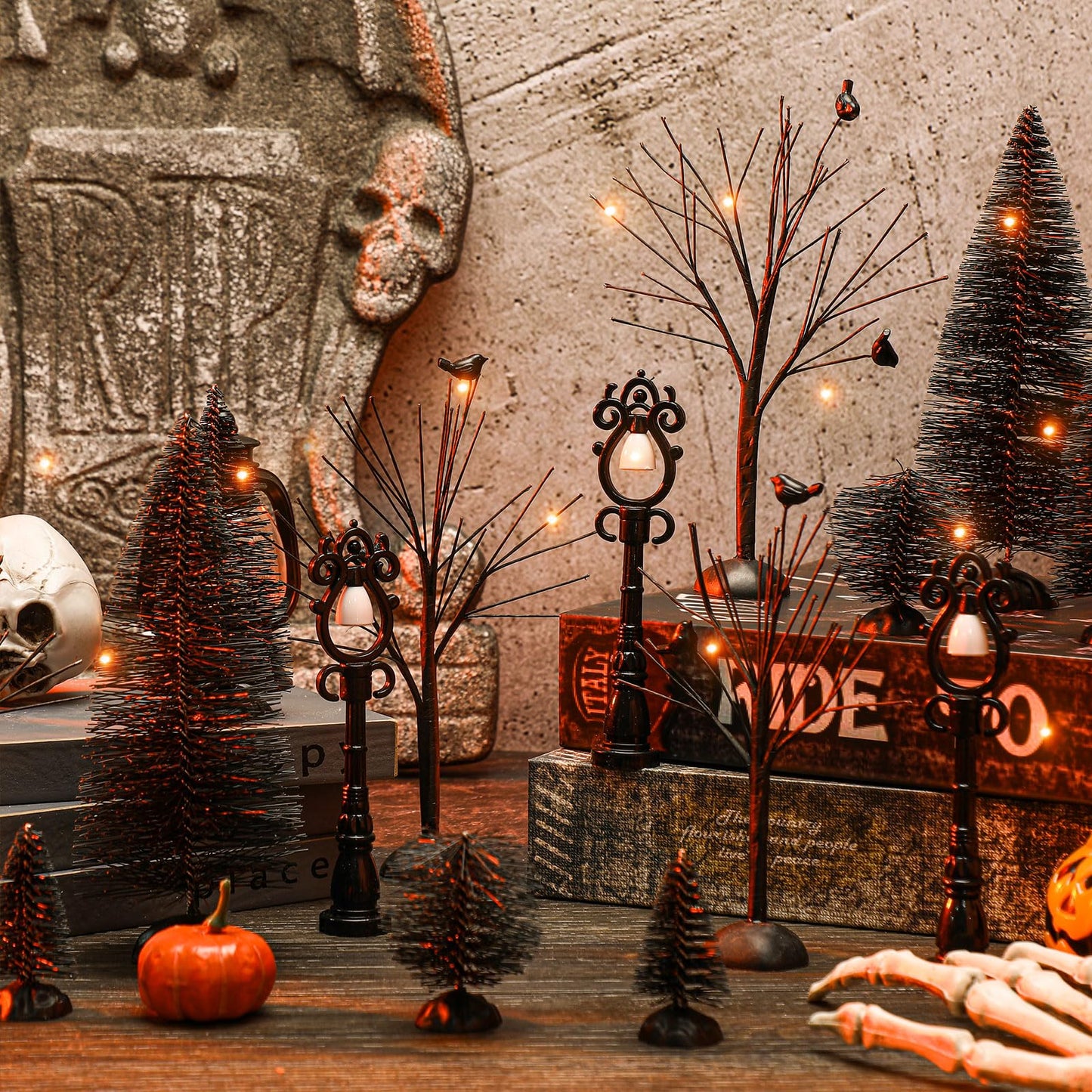 Zeyune Halloween Village Accessories Ornaments Set Bare Branches Bottle Brush Trees Halloween Night Street Lamps Figurine Set with LED String Lights for Party Decor(Orange Trees,17 Pcs)