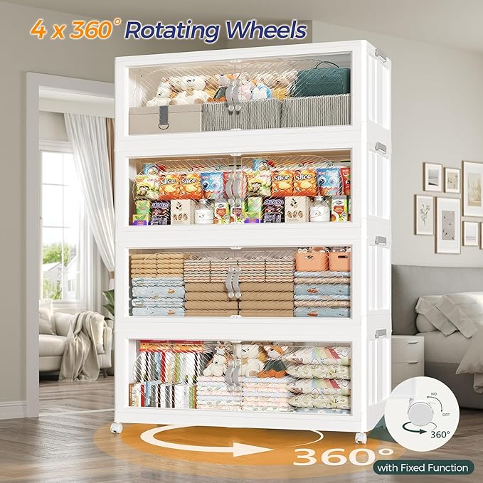 150GAL Plastic Storage Bins with Lid, 600QT Extra Large Stackable Closet Organizers and Storage, Collapsible Storage Boxes with Wheels, Folding Cabinet for Home Kitchen Office, 5Pack White