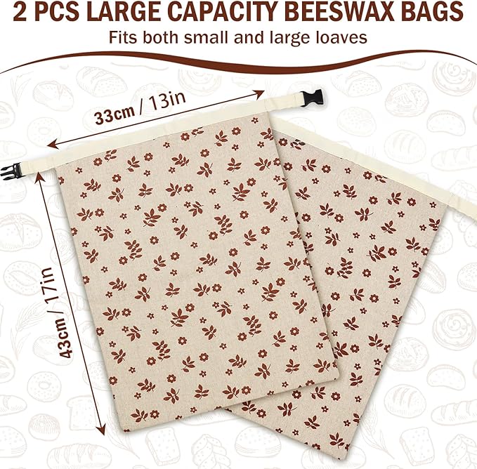2 Pack Reusable Beeswax Bread Bags, Bags for Homemade Bread,Cotton Beeswax Bag to Keep Fresh,Sourdough Bread Bags