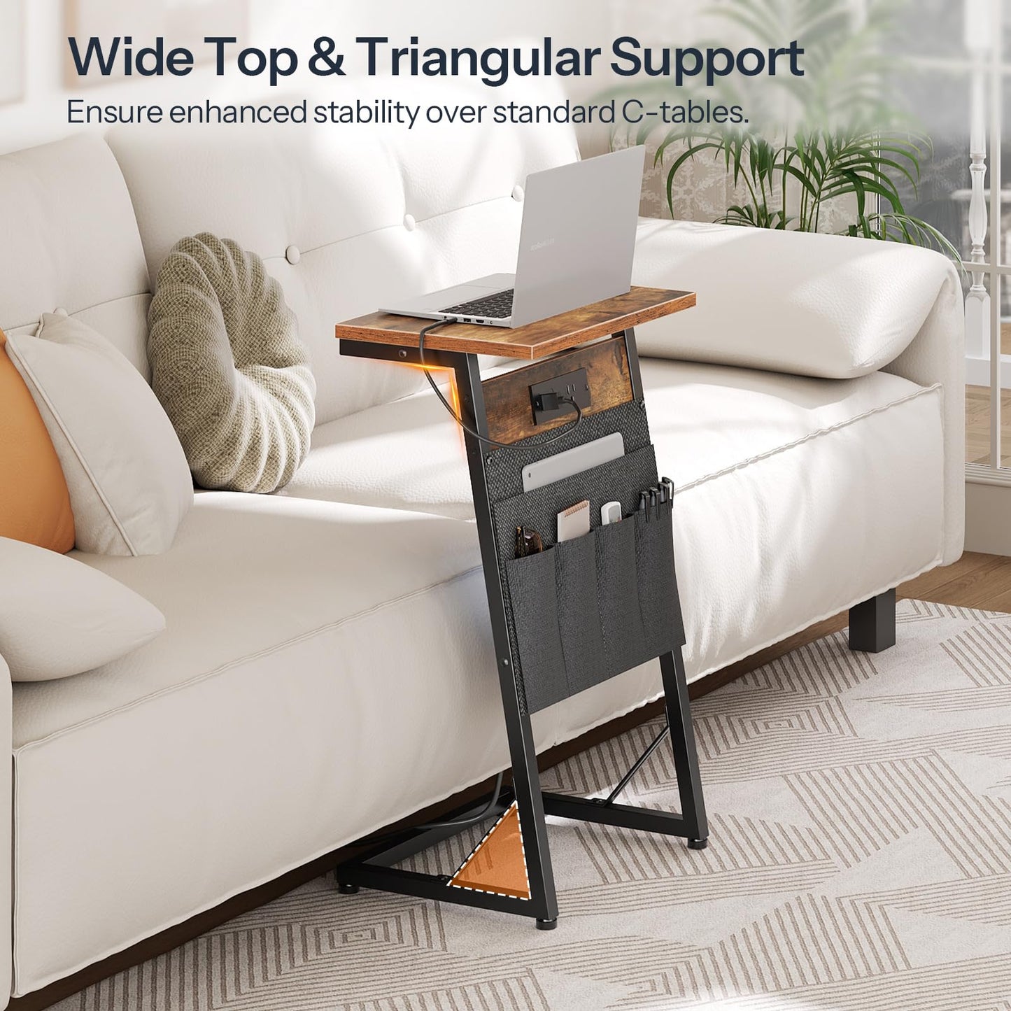 HOOBRO C-Shaped End Table with Charging Station, Slide Under Couch Table with Storage, Small Sofa Arm Table Tray Side Table with Stable Metal Frame, for Living Room, Bedroom, Rustic Brown BF72USF01