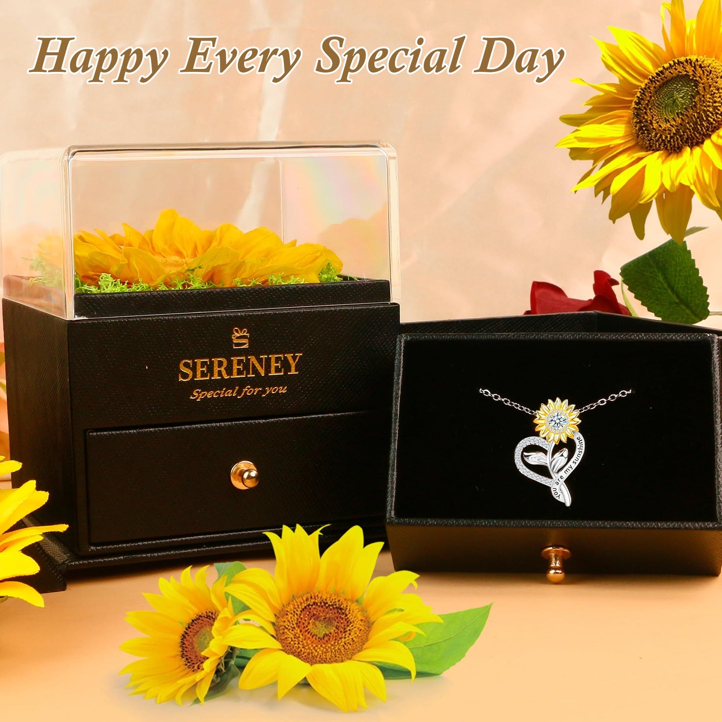 Sereney Preserved Sunflower Gifts for Women, You are My Sunshine Necklace as Flower Jewelry Birthday Gift for Mom, Silver Necklace Anniversary Yellow Gifts for Wife Daughter Girlfriend