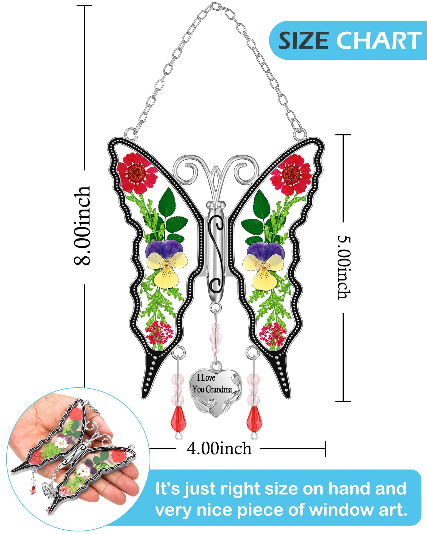 KY&BOSAM Gifts for Women I Love You Grandma Butterfly Suncatcher Stained Glass Suncatchers for Window Hanging Home Decor Garden Wind Chimes Birthday Gifts for Women Mothers Day Valentine's