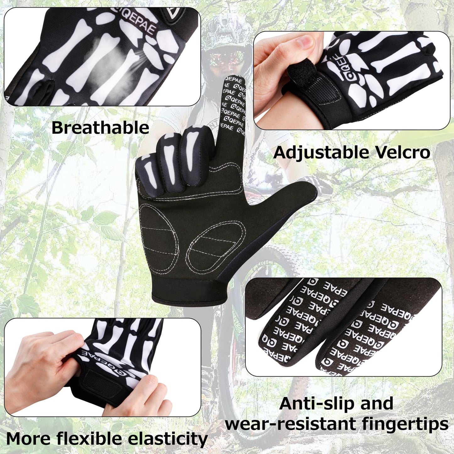 Azarxis Skeleton Gloves Adjustable Lightweight Racing Skull Sports Work Bone Gloves Anti-Slip Breathable for Men & Women Motorcycle, Cycling, Biking, Workout (Black, L)