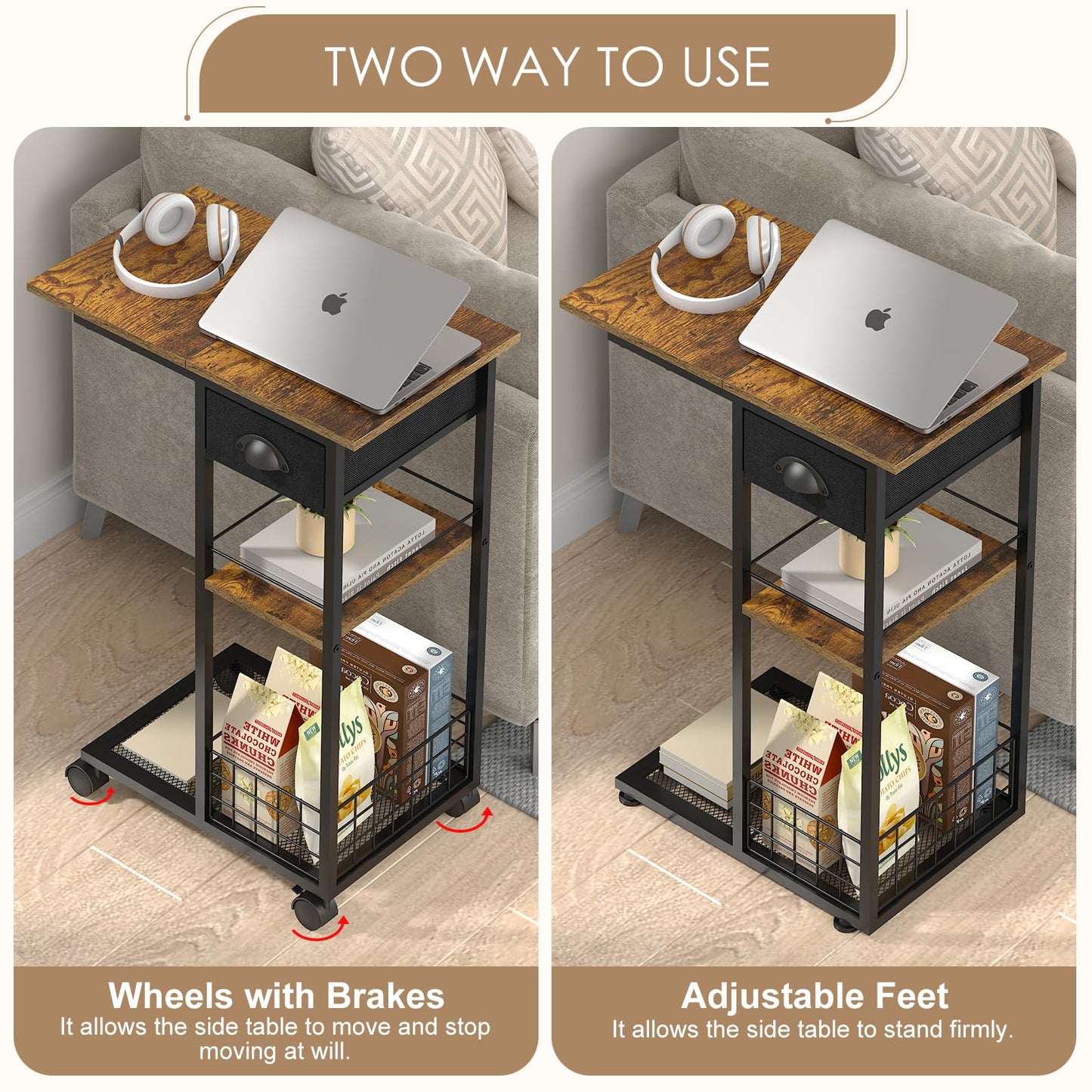 C Shaped End Table, Vintage Side Table with Drawer, Sofa Table with Wheels & Storage Basket for Living Room, Bedroom, Bedside, Rustic Brown and Black