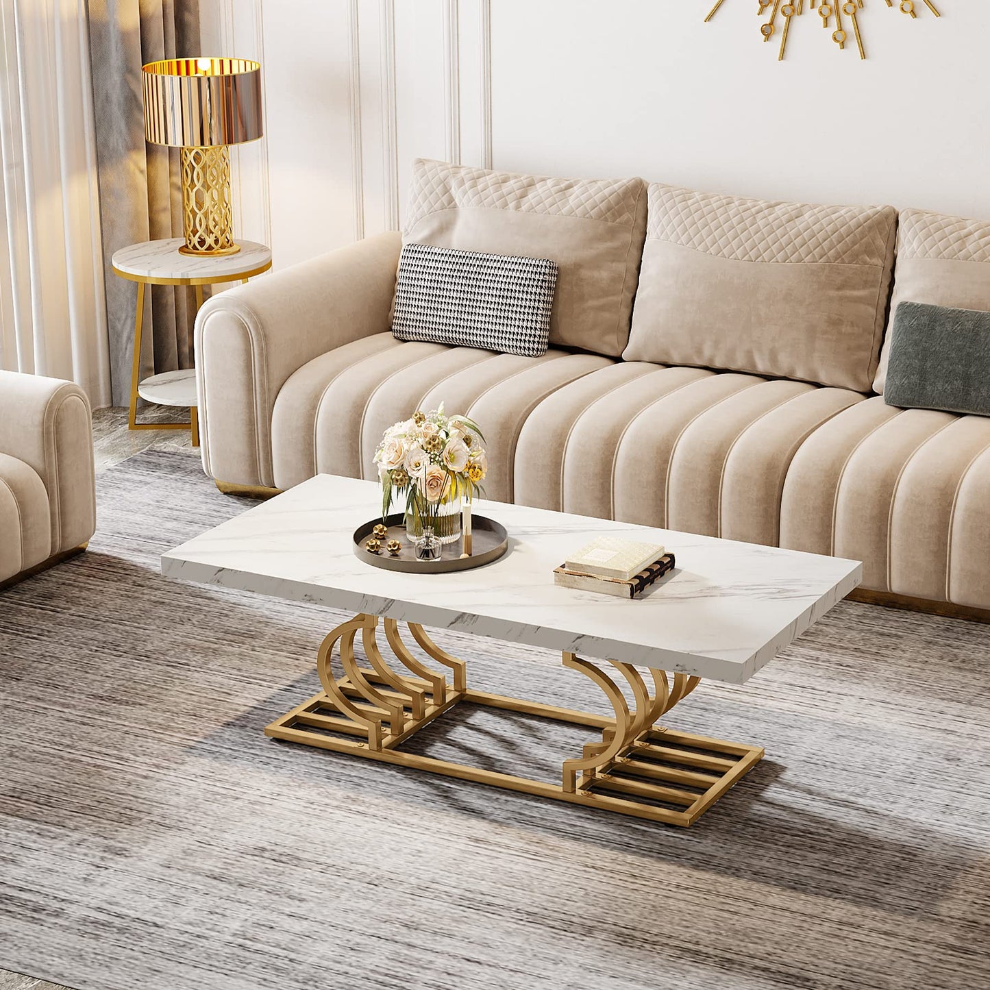LITTLE TREE 47 Inch Modern Coffee Table, Faux Marble Cocktail Table Center Table Tea Table Accent Furniture for Living Room, White/Gold