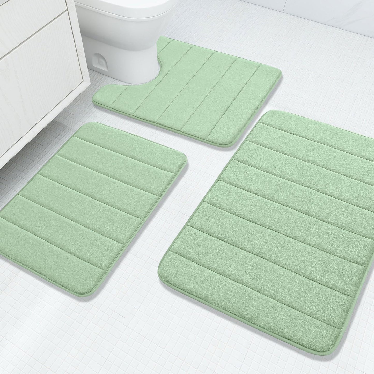 Buganda Memory Foam 3 Pieces Bathroom Rugs Set - Thick Soft Absorbent Non-Slip Bath Mats, Washable Small/Large/Contour Bath Rugs (24" x 16" + 30" x 20" + 24" x 20", Sage Green)