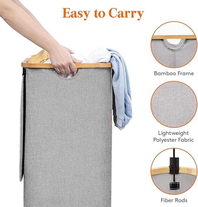 Lifewit 80L Laundry Basket with Lid, Clothes Hampers for Laundry with Bamboo Handles and A Removable Laundry Bag, Large Foldable Hamper for Bedroom, Bathroom, Dorm, Laundry Room, Light Gray