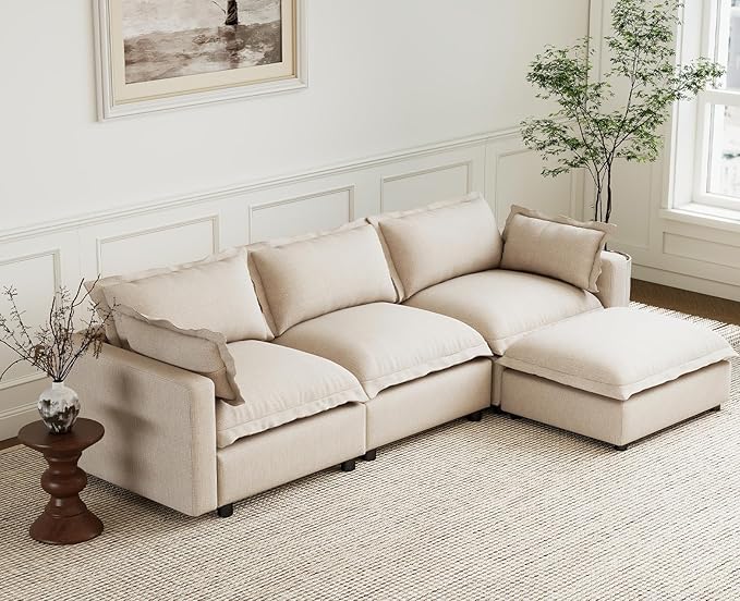 chairus 97" Modular Sectional Sofa with 2 Movable Ottoman Upholstered Deep Seat Linen Couch Set with Soft Pillows U Shaped Sofa Couch for Living Room, Apartment, Reception Room, 3-Seater/Oatmeal
