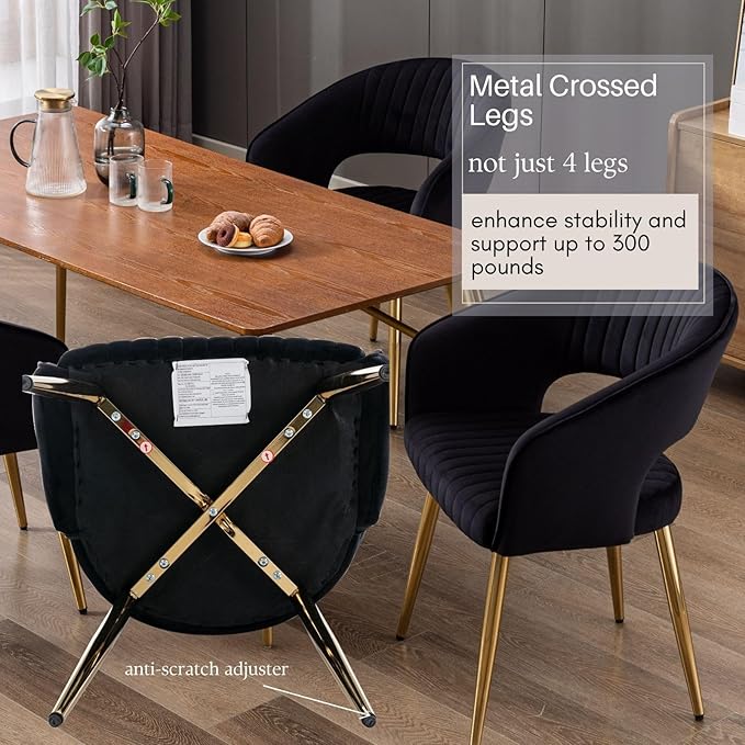 COMULER Black and Gold Velvet Dining Chairs, Modern Dining Room Chairs with Arms Set of 4 Upholstered Accent Chair Armchair with Barrel Back for Kitchen Living Room