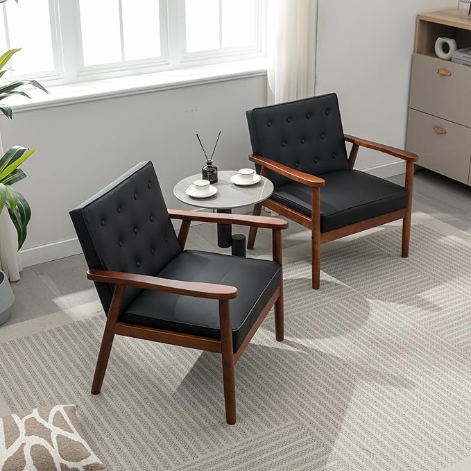 STHOUYN Mid Century Modern Chair, PU Leather Accent Chair Set of 2 with Wood Arms, Living Room Chairs, Reading Armchair for Bedroom, Waiting Room, Office (2, Black 1)