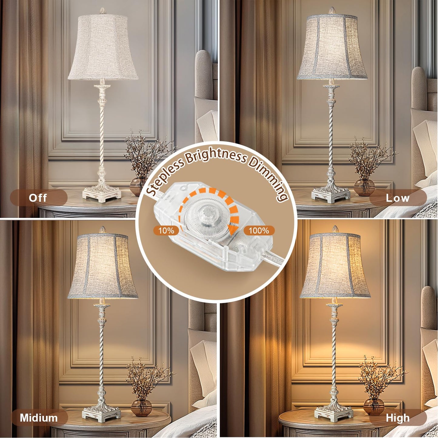 LuxSight European Country Vintage Style Candle Stick Buffet Table Lamps Set of 2, 33'' Tall Ivory White Linen Fabric Soft Bell Shade Stepless Dimming for Living Room Bedroom Dinning House Study Room