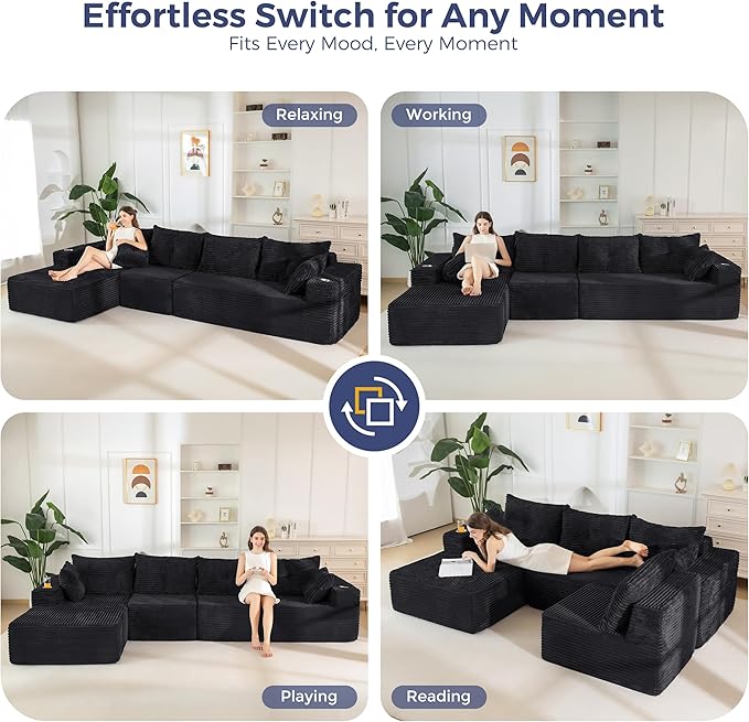 MAXYOYO 132" Oversize Modular Sectional Couch with L-Shape Chaise, Modern Boneless Couch for Living Room, Sofa in A Box, Oversized Sofa Sleeper with Deep Seat, No Assembly Required, Black