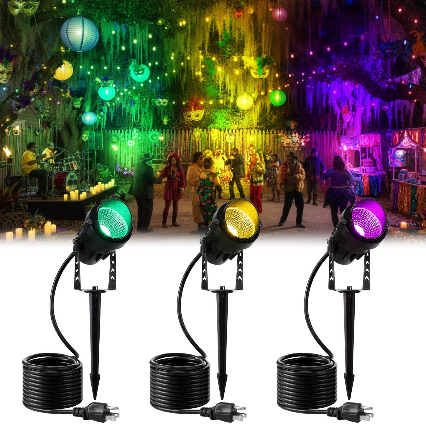 Grinsvalley 3 Pcs Mardi Gras Spotlight Outdoor Decorations Purple Green and Gold Spotlight Plug in Waterproof Spot Lights Landscape Lighting Carnival Lamp Yard Sign for Garden Outside Porch Supplies