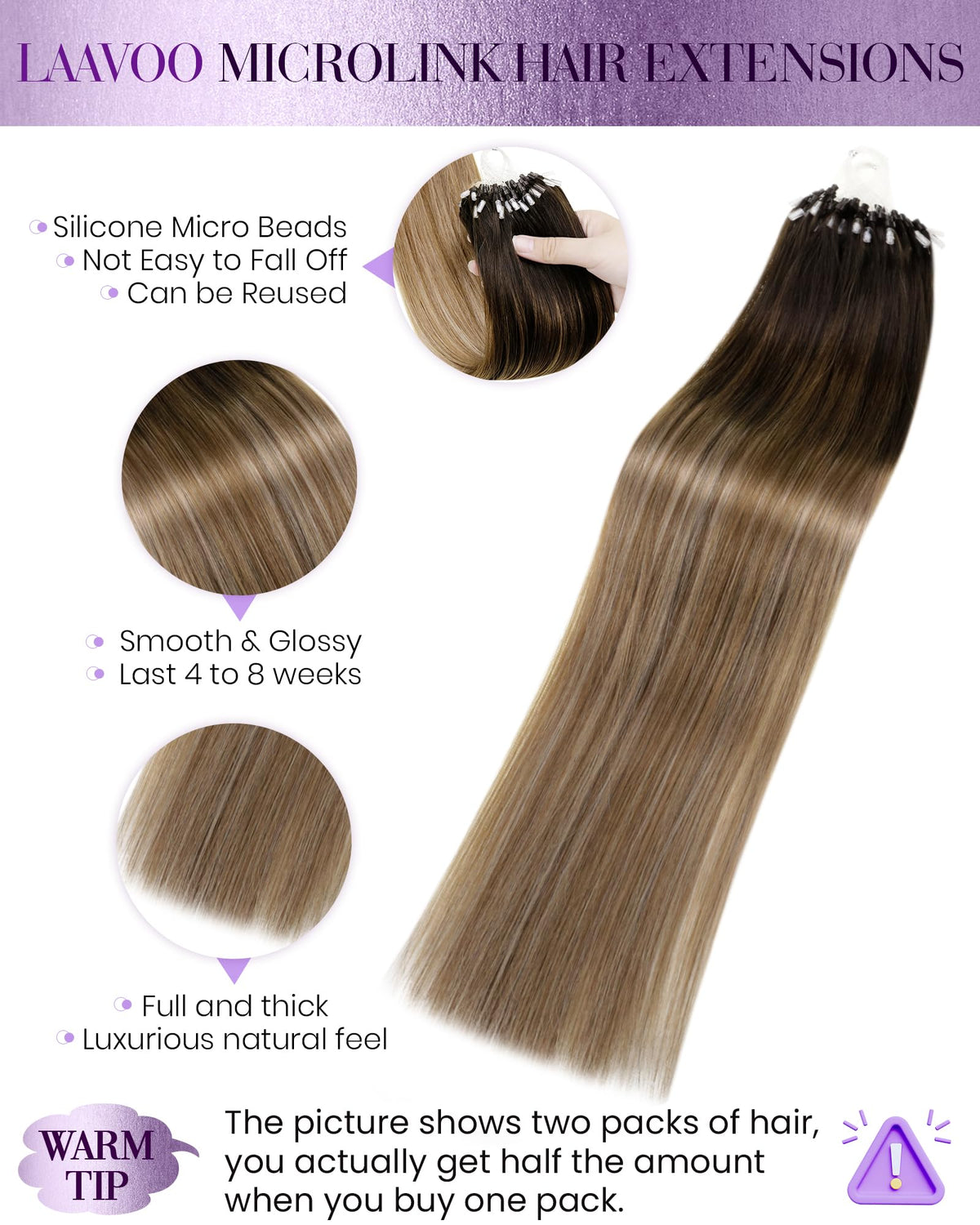 LaaVoo Micro Ring Hair Extensions Human Hair Darkest Brown to Medium Brown with Ash Brown Micro Link Hair Extensions Human Hair