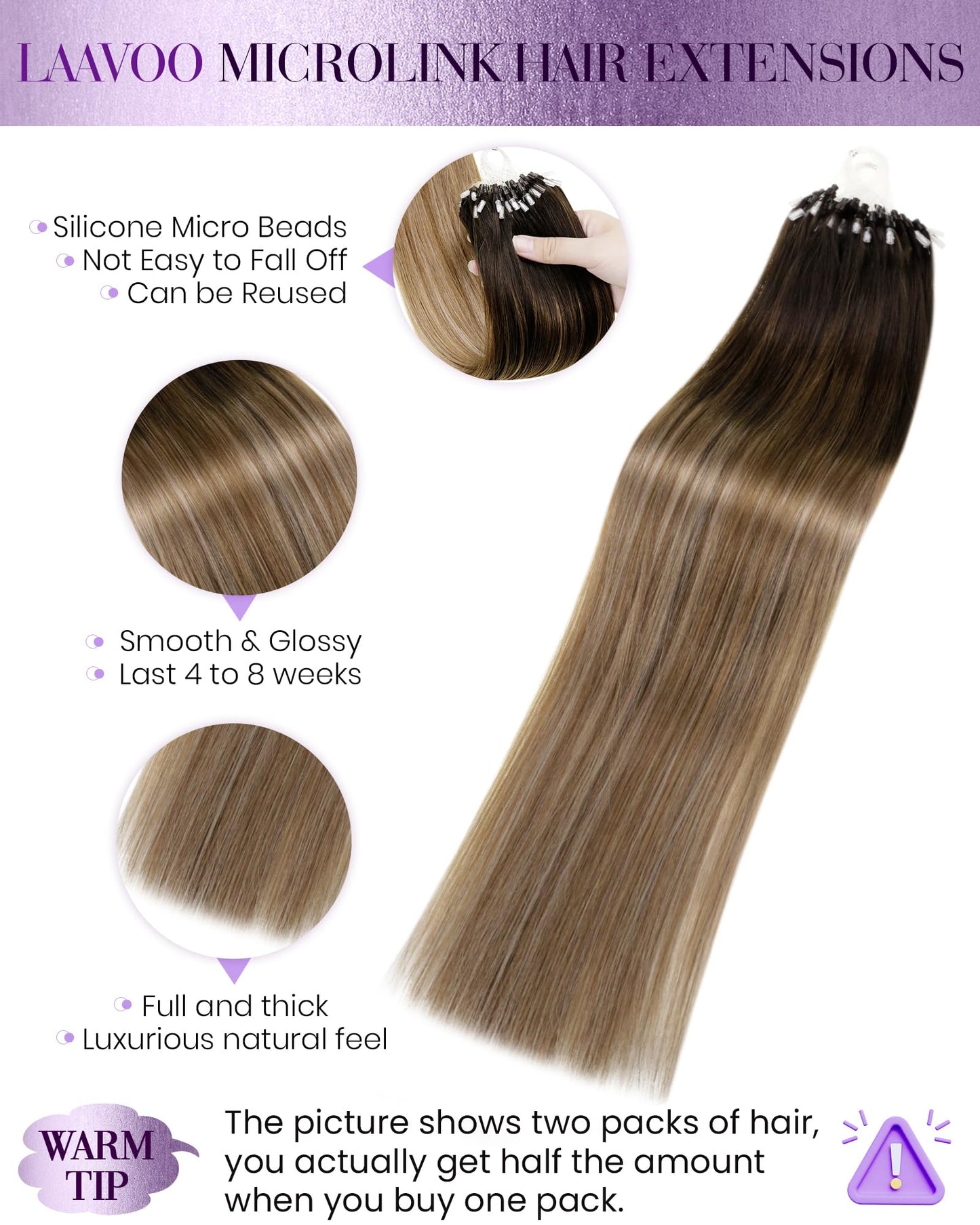 LaaVoo Microlink Hair Extensions Human Hair Balayage Brown Micro Loop Hair Extensions Real Human Hair Darkest Brown to Medium Br
