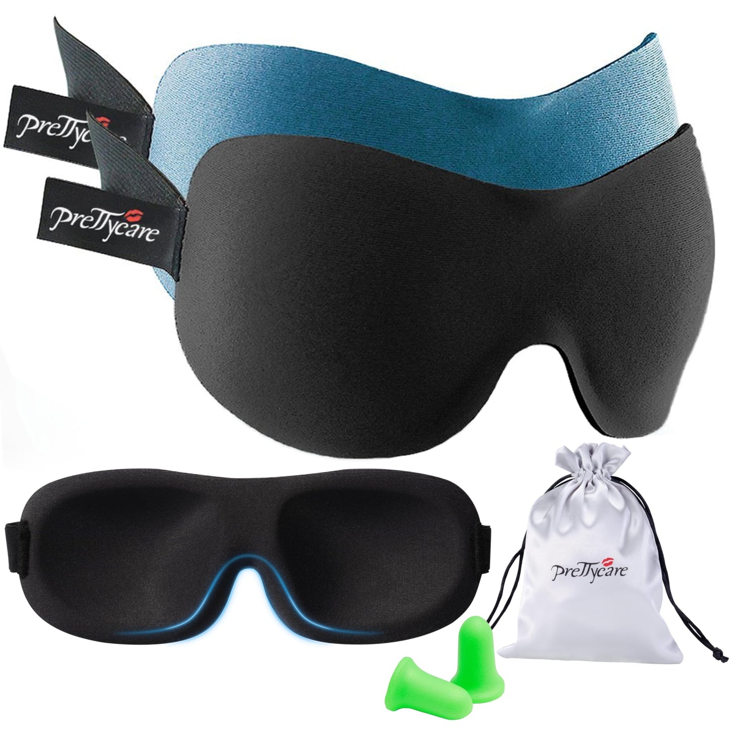 PrettyCare 3D Sleep Mask 2 Pack,Eye Mask for Side Sleeper 3D Contoured Sleeping Mask Blackout Out for Men- Blindfold Airplane with Ear Plugs, Night Masks with Travel Bag (Black&Blue)